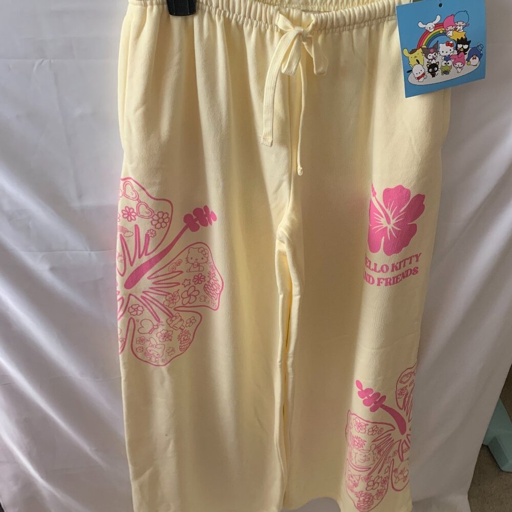 SANRIO Hello Kitty & Friends Hibiscus Fleece Pants in Yellow/Pink Sz MEDIUM